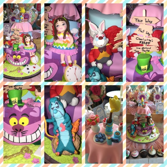 Mr Rabbit, Mad Hatter's Hat, Caterpillar, Chesire Cat, Charlotte, directional signs, complete with a revolving tea party table cake topper. 